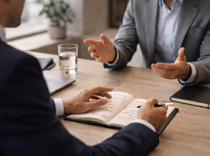 Strategic career coaching discussion with professional reviewing career goals and decisions