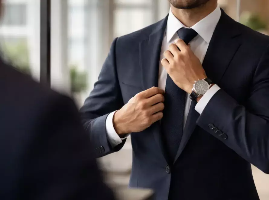 Professional preparing for a job interview adjusting suit and tie in a modern office environment